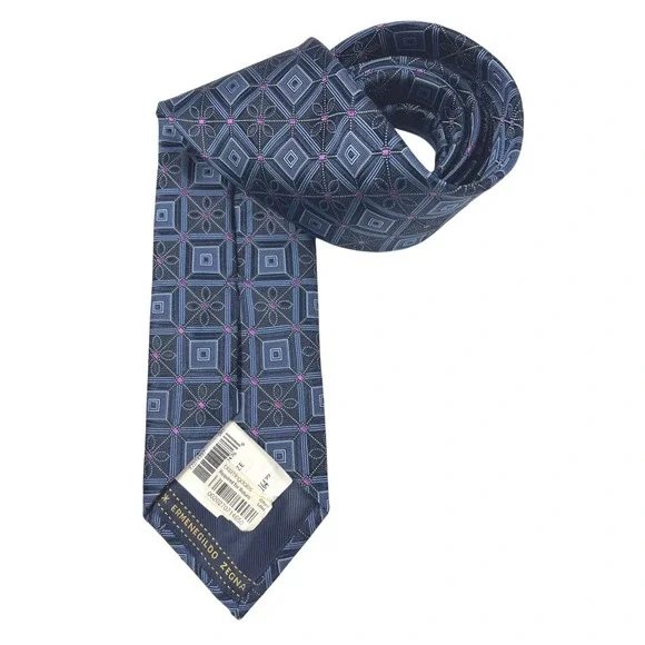 Ermenegildo Zegna Silk Tie Navy Blue Geometric Floral Lux Made in Italy NWT $165